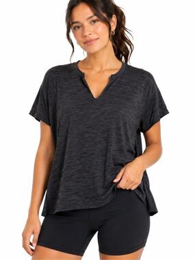 FREE PEOPLE WE THE FREE Black Slub Split V Neck Oversized Boxy Tee Small